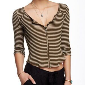 Free People Olive Green and Cream Striped Zip-Front Ribbed Top
